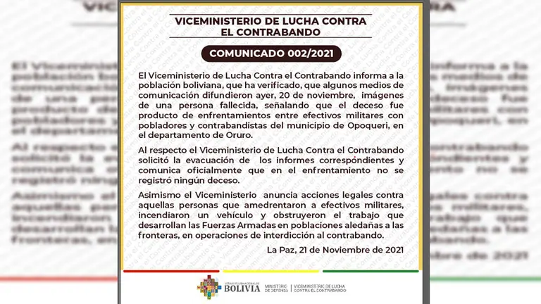Viceministerio de Lucha Contra el Contrabando desmiente muerte de un civil en Opoqueri &ndash; Oruro