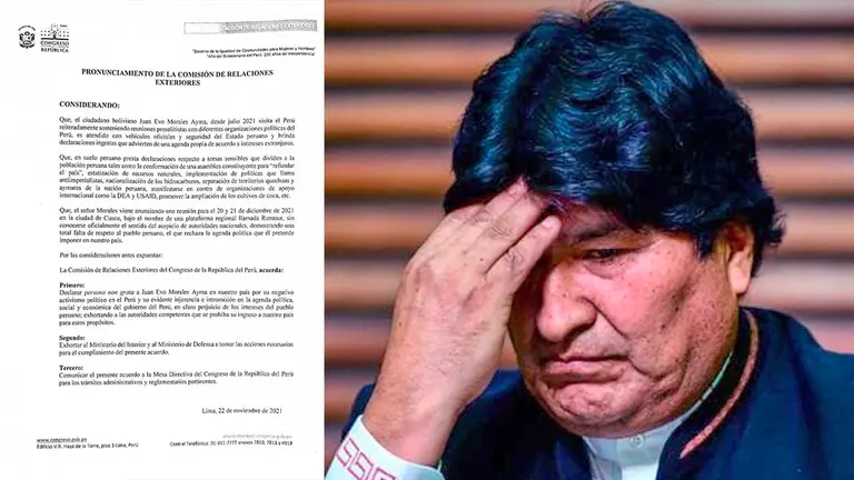 Evo Morales, expresidente de Bolivia y el documento emitido por  la Comisi&oacute;n del Congreso peruano. Foto: ARCHIVO