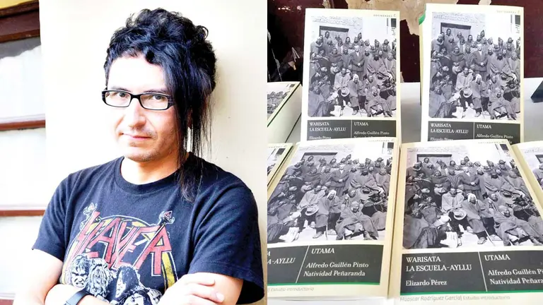 El historiador Huáscar Rodríguez y varios ejemplares de la reedición de &ldquo;Warisata. La escuela ayllu&rdquo; y &ldquo;Utama&rdquo;, de la Biblioteca del Bicentenario. FACEBOOK