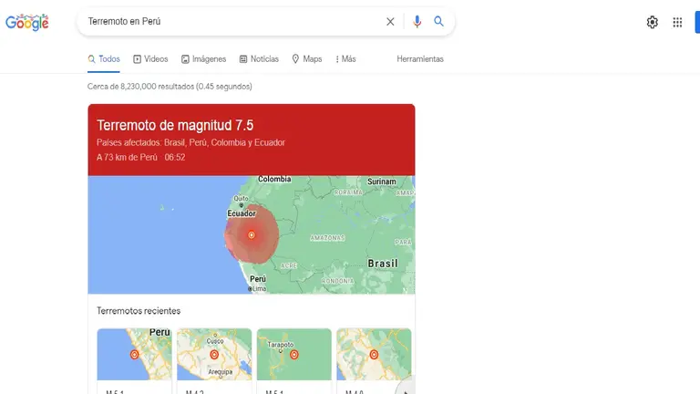 Un registro de Google del terremoto registrado en Per&uacute;. Captura de pantalla