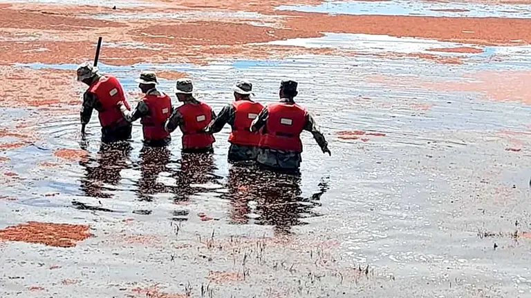 Soldados hacen prácticas en medio de una laguna. Gobernación