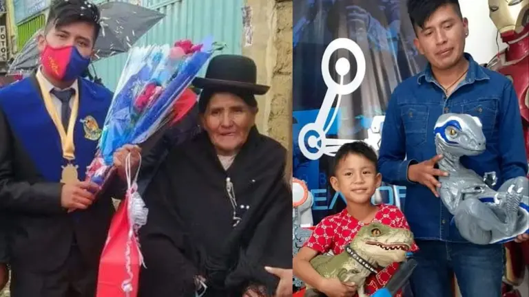 Roly Ronald Mamani, junto a su madre (i). Del otro lado, con un ni&ntilde;o al que le fabric&oacute; una pr&oacute;tesis.