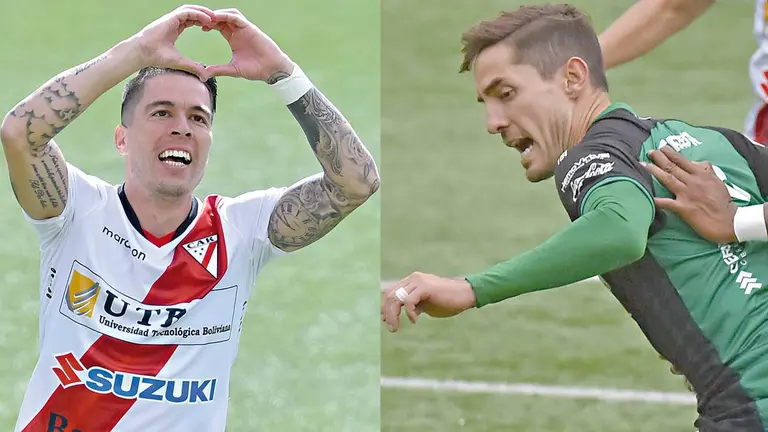 Javier Sanguinetti (i) celebra un gol en Always y Francisco Rodríguez con la camiseta de Oriente Petrolero. APG