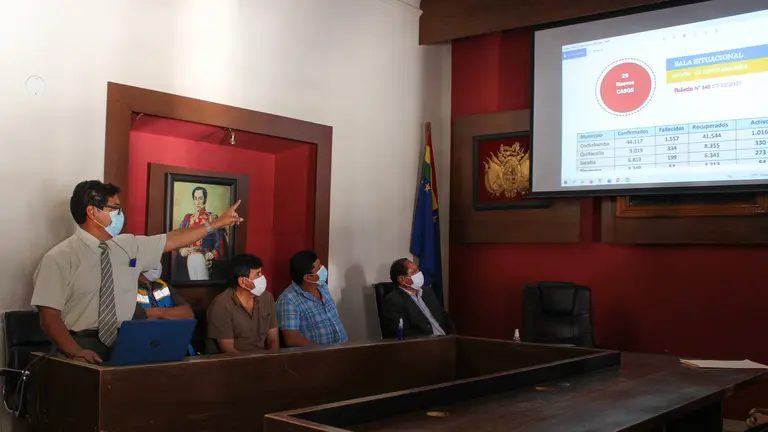 Las autoridades de Quillacollo evaluando la situaci&oacute;n de la pandemia en su municipio. ALCALD&Iacute;A DE QUILLACOLLO