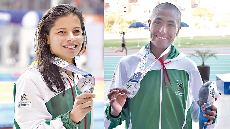 La nadadora Karen Tórrez y el atleta Vidal Basco, con sus medallas. ARCHIVO
