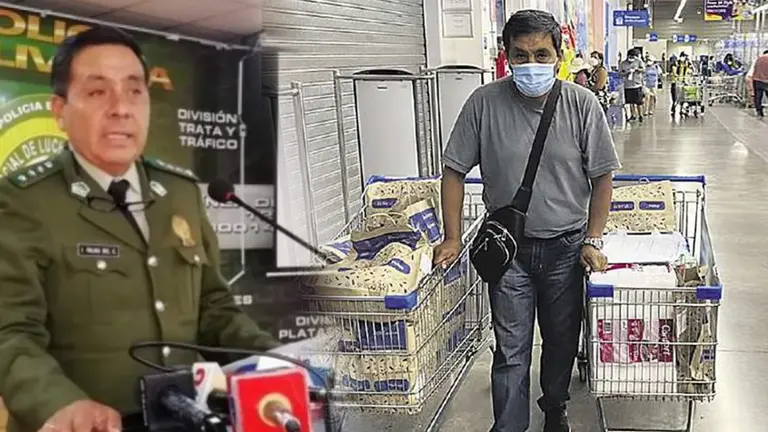 El excoronel Iv&aacute;n Rojas en el gobierno transitorio de Jeanine &Aacute;&ntilde;ez (i) el expolic&iacute;a trabajando en una cadena de supermercados. Gentileza de El Deber