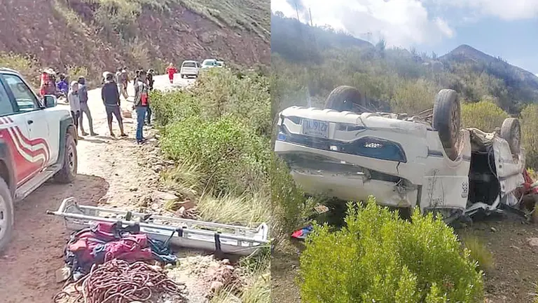 Personal realiza trabajos de rescate e investigación tras el embarrancamiento de un minibús cerca de Aukikasa, camino Tacopaya a Cochabamba. RADIO TV ANDINA COCHABAMBA