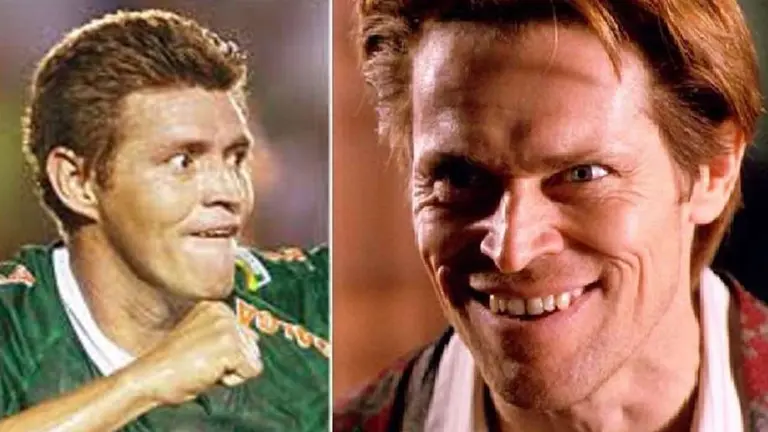 Miguel Ángel Hoyos (i), en su etapa de jugador, y Willem Dafoe (d), interpretando a Norman Osborn en la película "Spider-Man" dirigida por Sam Raimi en 2002. UNITEL