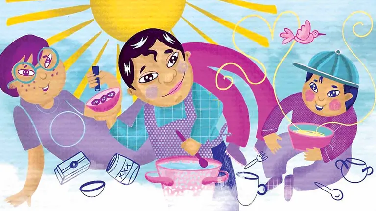 Ilustración de Alberto junto a sus dos hijos, Daniel y Mauricio. MERLINA ANUNNAKI.