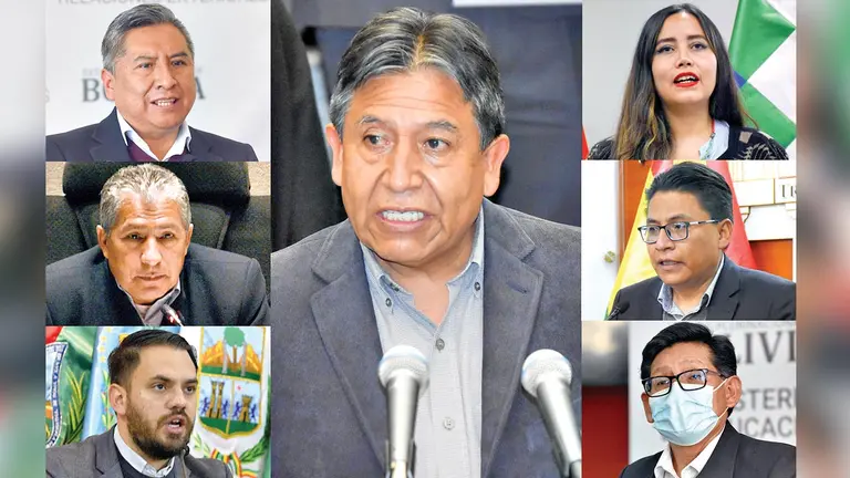 Los ministros con COVID-19 y el vicepresidente David Choquehuanca (c). ARCHIVO