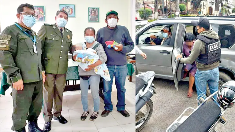 Policía regresa al bebé Mateo a los brazos de su madre (izq).   Nancy Ch.L., raptora del niño, es trasladada el miércoles a celdas policiales (der)