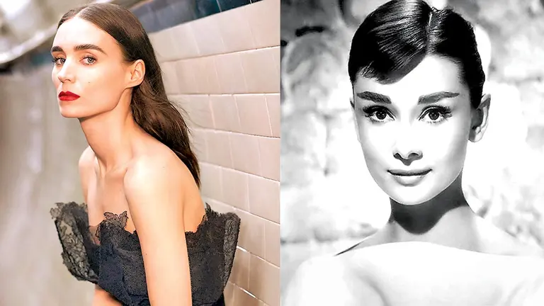 La actriz Rooney Mara con vestido  negro de Givenchy y la actriz Audrey Hepburn. GIVENCHY-BIO&VIDAS-AGENCIAS