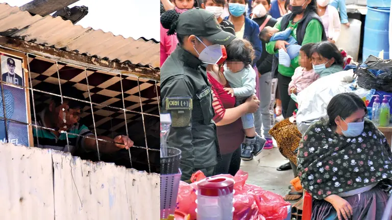 Un interno mira a través de las rejas de un recinto penitenciario (izquierda). Mujeres privadas de libertad hacen fila para recibir atención médica.        DICO SOLÍS