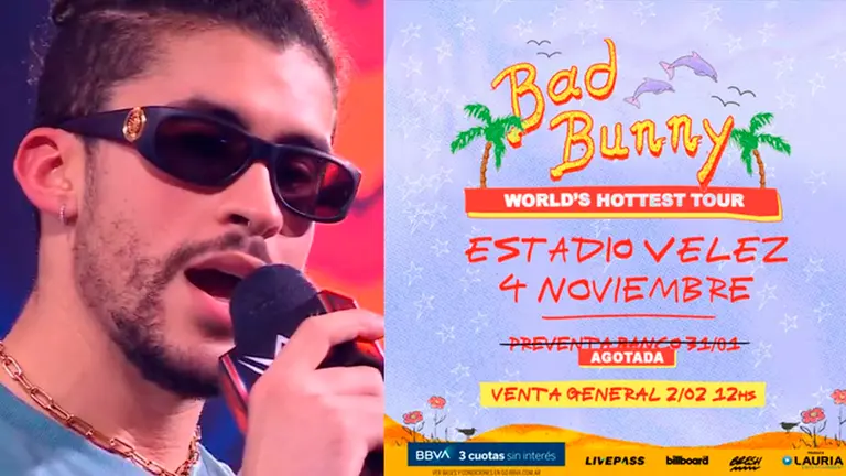 Bad Bunny en la WWE (i) el afiche de su gira (d).