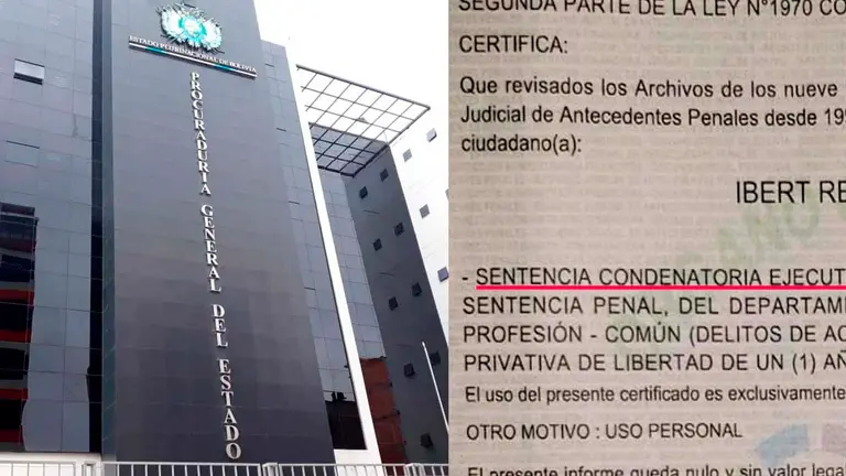 Fachada de la Procurador&iacute;a General del Estado (i) imagen del documento de condena (d). ERBOL
