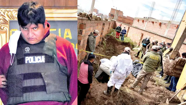 Richard Choque Flores, asesino y violador serial, es presentado por las autoridades (i). Hallan los restos óseos de Fidel Lecón Choque, quien fue victimado por su primo en 2011 (d). APG- MINISTERIO DE GOBIERNO