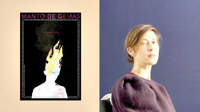 La directora boliviana Natalia López Gallardo tras el debut de su película &lsquo;Manto de gemas&rsquo; en la Berlinale 2022 y un afiche promocional del filme.       EVA USI-IMDB