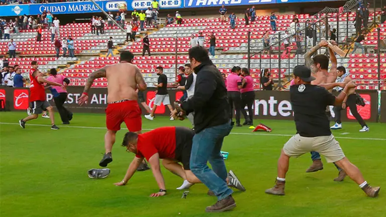 Pelea de los hinchas en el terreno del juego del estadio La Corregidora en el partido de Quer&eacute;taro ante Atlas. EFE