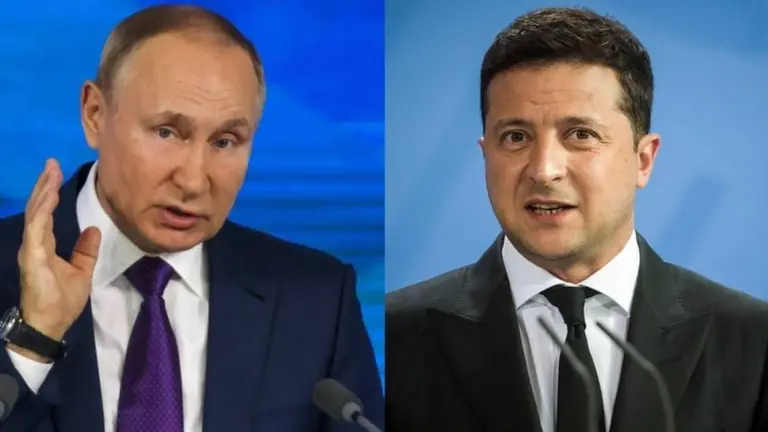 El presidente Vladimir Putin (i), de Rusia, y el mandatario Vladimir Zelenski, de Ucrania. PERFIL
