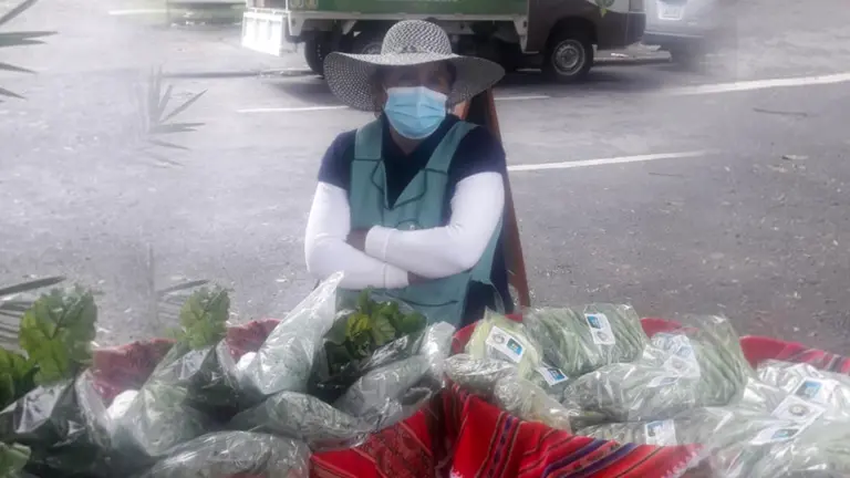 Una agricultora de alimentos ecol&oacute;gicos expone su producci&oacute;n. AGRECOL ANDES