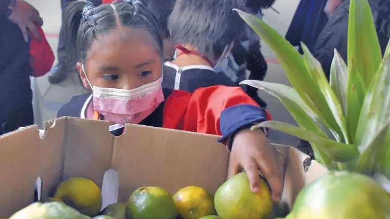 Una ni&ntilde;a levanta una fruta como parte de la raci&oacute;n escolar diaria. Dico Sol&Iacute;s