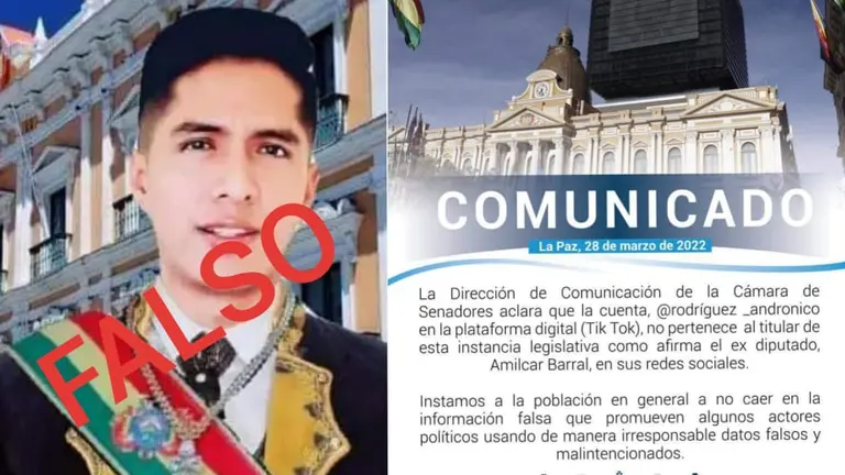 La imagen que circula de Andr&oacute;nico Rodriguez, en TikTok. Del otro lado, el comunicado del Senado, desmintiendo que se trate de un perfil oficial.
