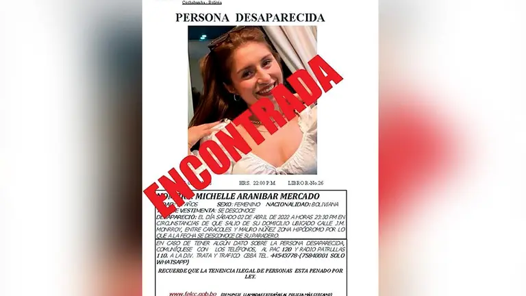 El afiche de b&uacute;squeda de Michelle donde se hace referencia a su aparici&oacute;n.    POLIC&Iacute;A BOLIVIANA