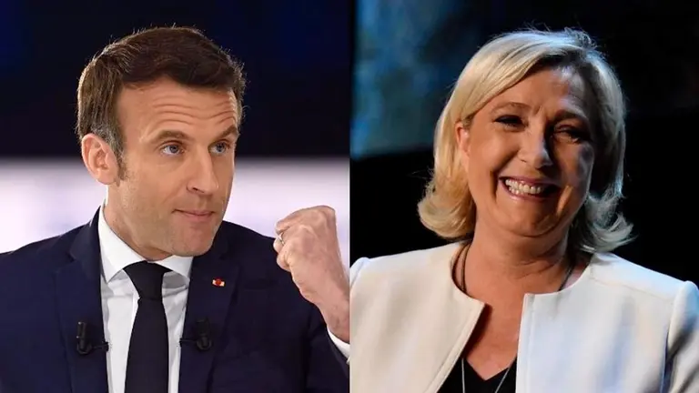 El actual mandatario francés, Emmanuel Macron (i), y la aspirante a la silla presidencial Marine Le Pen (d). REALIZADO POR CONTACT PHOTO
