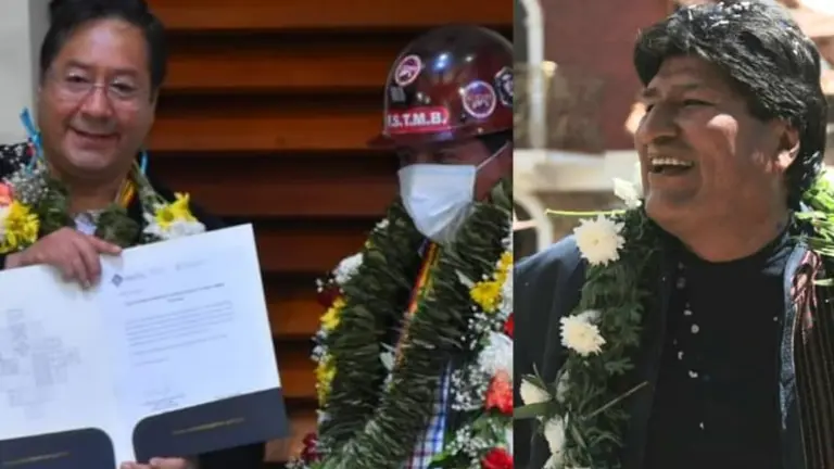 El presidente Luis Arce, en los festejos de la COB (i). Del otro lado, el exmandatario Evo Morales. APG/RRSS
