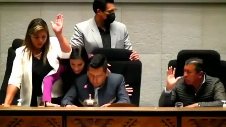 Momento en el que la diputada Mar&iacute;a Ren&eacute; &Aacute;lvarez, de Creemos, intenta tomar el micr&oacute;fono de Freddy Mamani. CAPTURA DE VIDEO