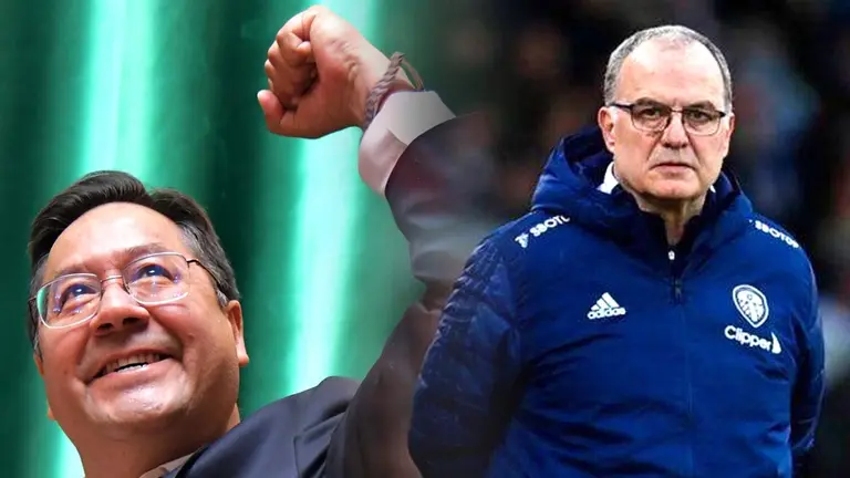 El presidente del Estado, Luis Arce (i), y el entrenador argentino Marcelo Bielsa. OPINI&Oacute;N