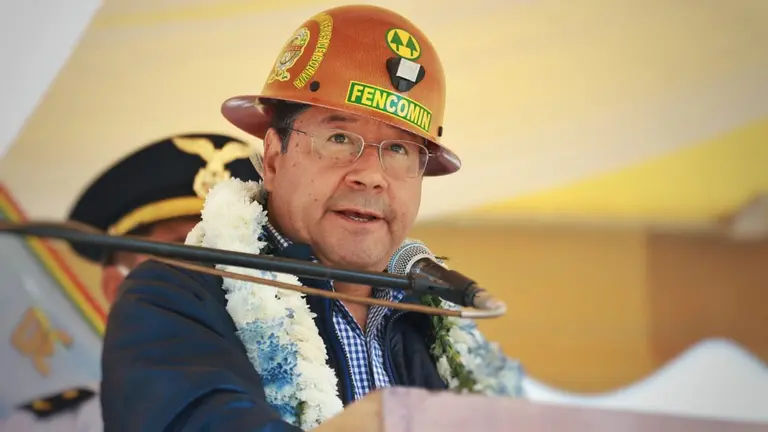 El presidente Luis Arce, durante el anuncio de la f&aacute;brica de fertilizantes en Cochabamba. FACEBOOK LUCHO ARCE