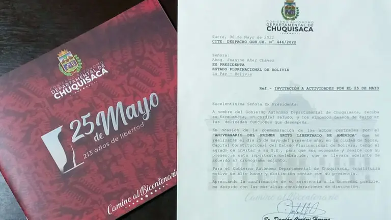 La invitaci&oacute;n que recibi&oacute; Jeaniine &Aacute;&ntilde;ez para asistir al aniversario de Chuquisaca. ERBOL