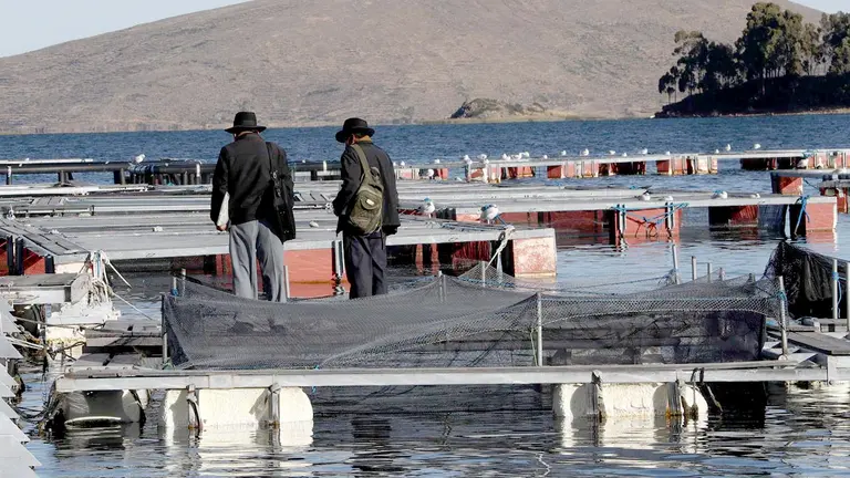 Fotografía del 17 de mayo de 2022 de dos personas que recorren el criadero de peces del Centro Piscícola Tiquina-Bolivia, a orillas del lago Titicaca. EFE