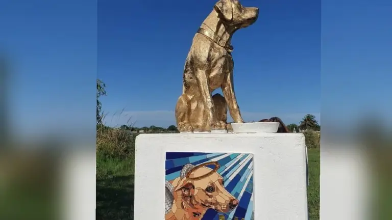 El monumento levantado en memoria de Rubio, el perro asesinado de forma brutal en la costa de Argentina. VET MATKET