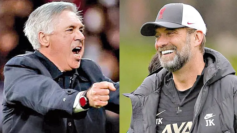 Los entrenadores Carlo Ancelotti (i), del Real Madrid, y Jürgen Klopp, del Liverpool. ARCHIVO