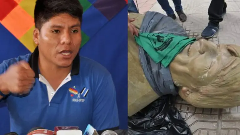 Del lado izquierdo, el senador Leonardo Loza. Del derecho, el busto derribado de Evo Morales, en 2020. OPINI&Oacute;N