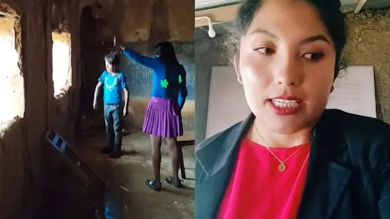 Del lazo izquierdo, algunos ni&ntilde;os en la escuelita de Chayanta. Del otro, la profesora tiktoker Telma Karen.