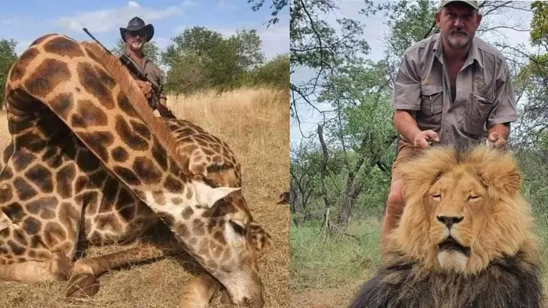 Riaan Naude, ostentando algunos de los animales a los que les dio muerte.