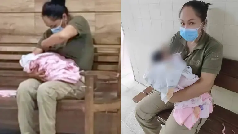 La sargento Delicia &Aacute;vila Calucho, en el momento en el que se dispone a amamantar a una beb&eacute; v&iacute;ctima de trata.