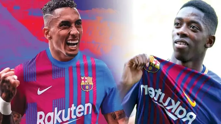 Del lado izquierdo, Raphinha. Del otro, Demb&eacute;l&eacute;.