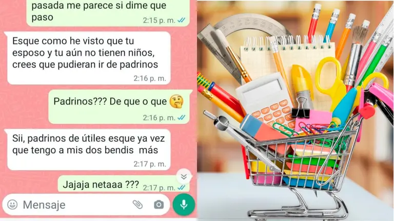 Captura de la conversaci&oacute;n en WhatsApp e imagen referencial de &uacute;ltiles escolares.