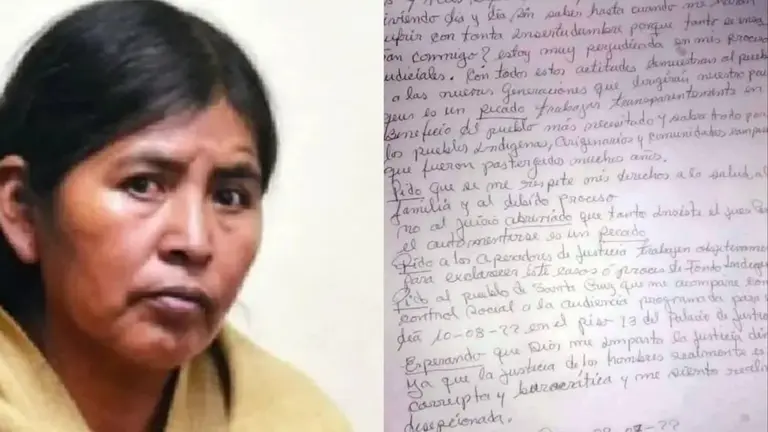 Elvira Parra y una de las carillas de su carta abierta, desde la prisi&oacute;n.