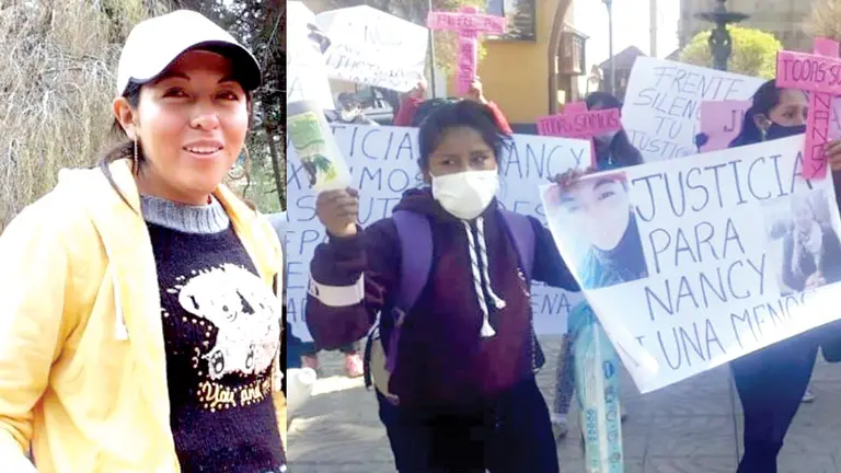 Nancy Nayda Pedrozo Romero, víctima de feminicidio en 2020 en Potosí (izq). Familiares y amigos exigen justicia por el feminicidio de la joven embarazada (der).      CORTESÍA FAMILIA ROMERO-EL POTOSÍ   