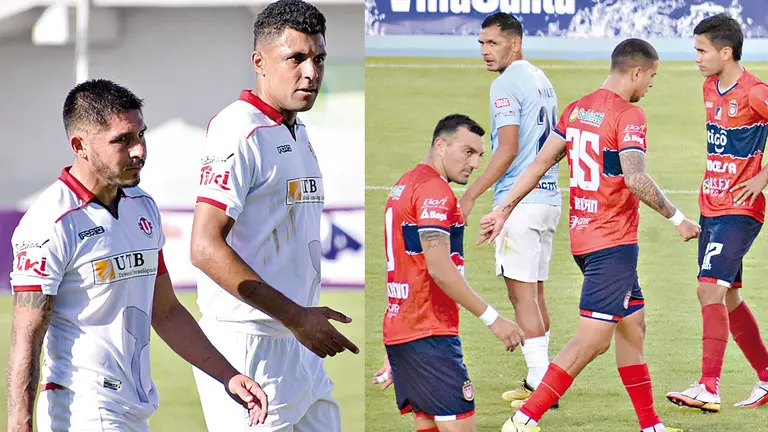 Los jugadores de Universitario de Vinto (i) y de Sucre tras una derrota en el Clausura.       APG