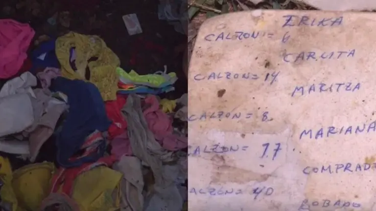 La prendas &iacute;ntimas halladas en el lote bald&iacute;o (i). Lista con nombres de las v&iacute;ctimas (d). CAPTURA RED UNO