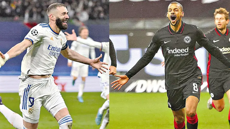 Los jugadores del Real Madrid y del Frankfurt celebran goles. ARCHIVO