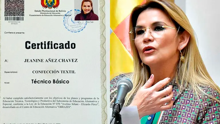 Certificado en confecci&oacute;n textil a nivel t&eacute;cnico medio de la expresidente Jeanine &Aacute;&ntilde;ez. INSTAGRAM | ARCHIVO