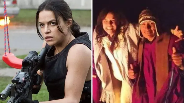 La actriz Michelle Rodr&iacute;guez, en Residen Evil (i) y tambi&eacute;n durante su paseo por Tiwanaku. Taypi Uta
