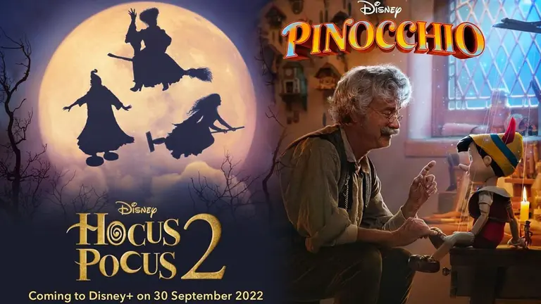 Posters de las pel&iacute;culas Hocus Pocus 2 y Pinocho. DISNEY+